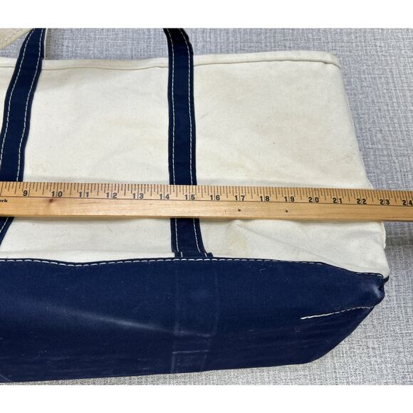 Vtg LL Bean Boat And Tote Canvas Tote Large Base Navy Blue Cream USA 23x13x7 - Picture 8 of 14